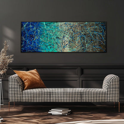 Large Pollock Inspired Blue Teal Abstract Painting | Hand Painted Wall Art