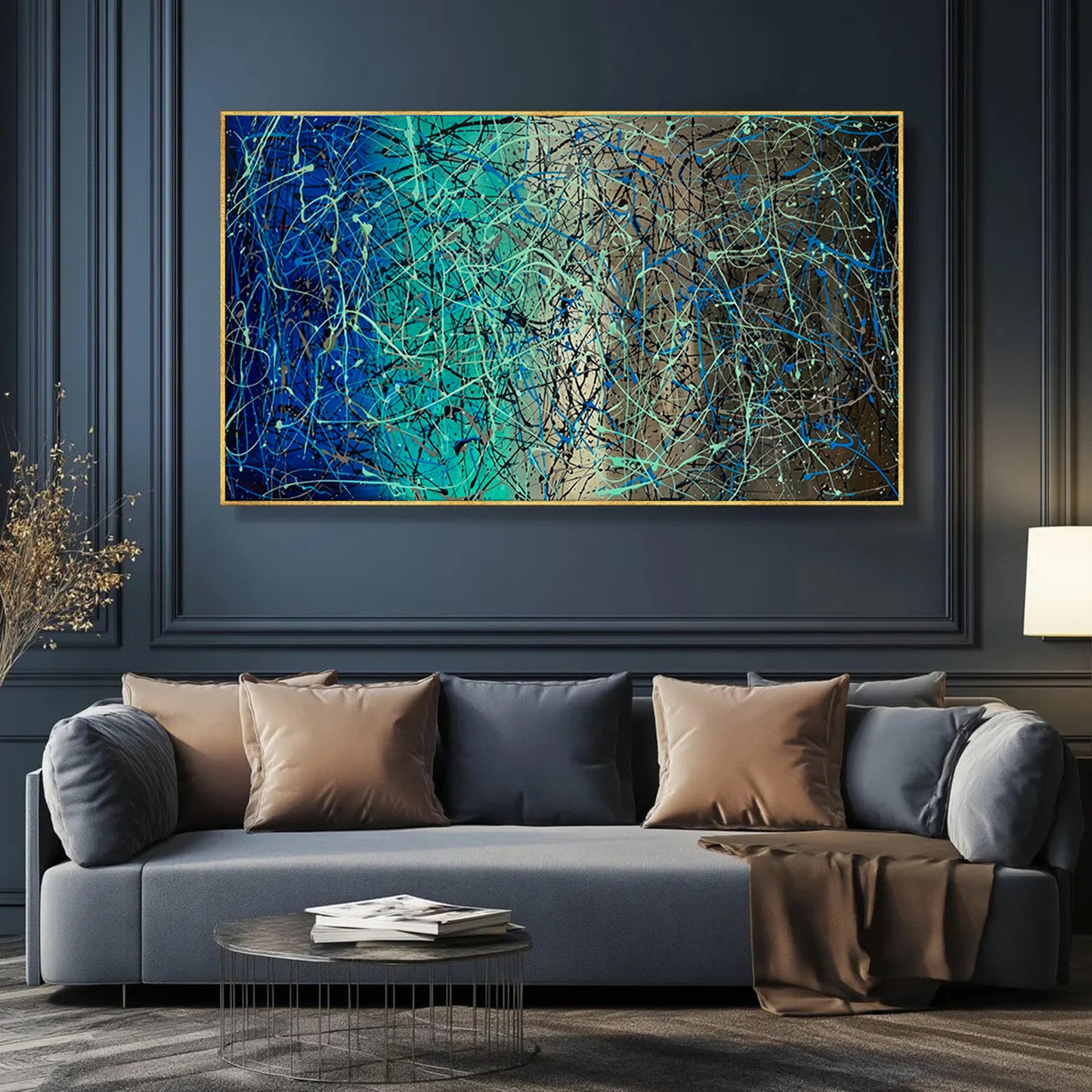 Arte da parete in stile espressionista blu scuro Pollok