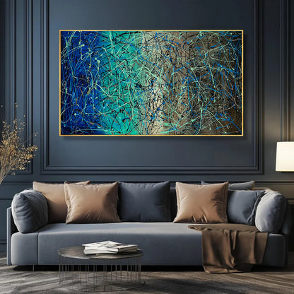 Large Pollock Inspired Blue Teal Abstract Painting | Hand Painted Wall Art