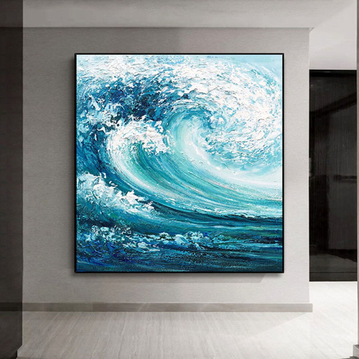 Room mockup. A large curling turquoise-blue wave with bright white foam and deep blue water below.