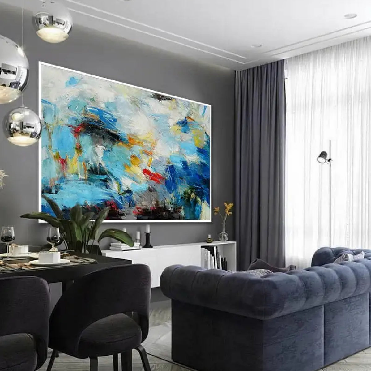 Room mockup. Layered blue and turquoise strokes with pale cream areas, yellow patches, dark marks and a small red accent.