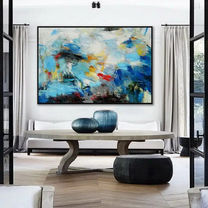 Room mockup. Layered blue and turquoise strokes with pale cream areas, yellow patches, dark marks and a small red accent.