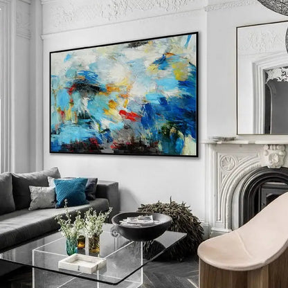 Room mockup. Layered blue and turquoise strokes with pale cream areas, yellow patches, dark marks and a small red accent.