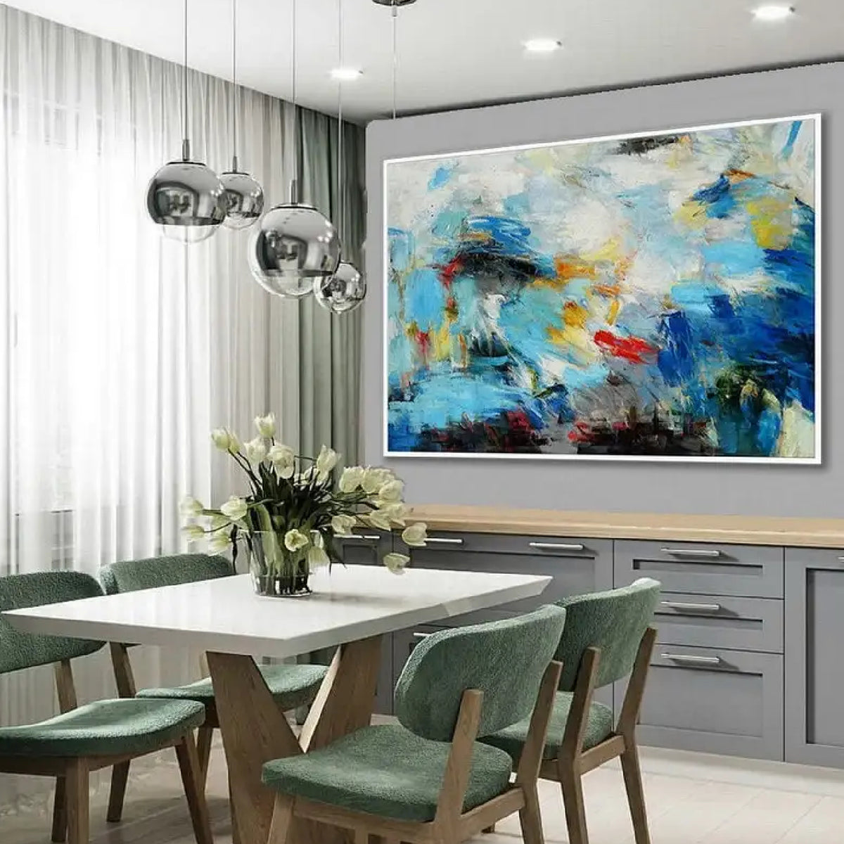 Room mockup. Layered blue and turquoise strokes with pale cream areas, yellow patches, dark marks and a small red accent.