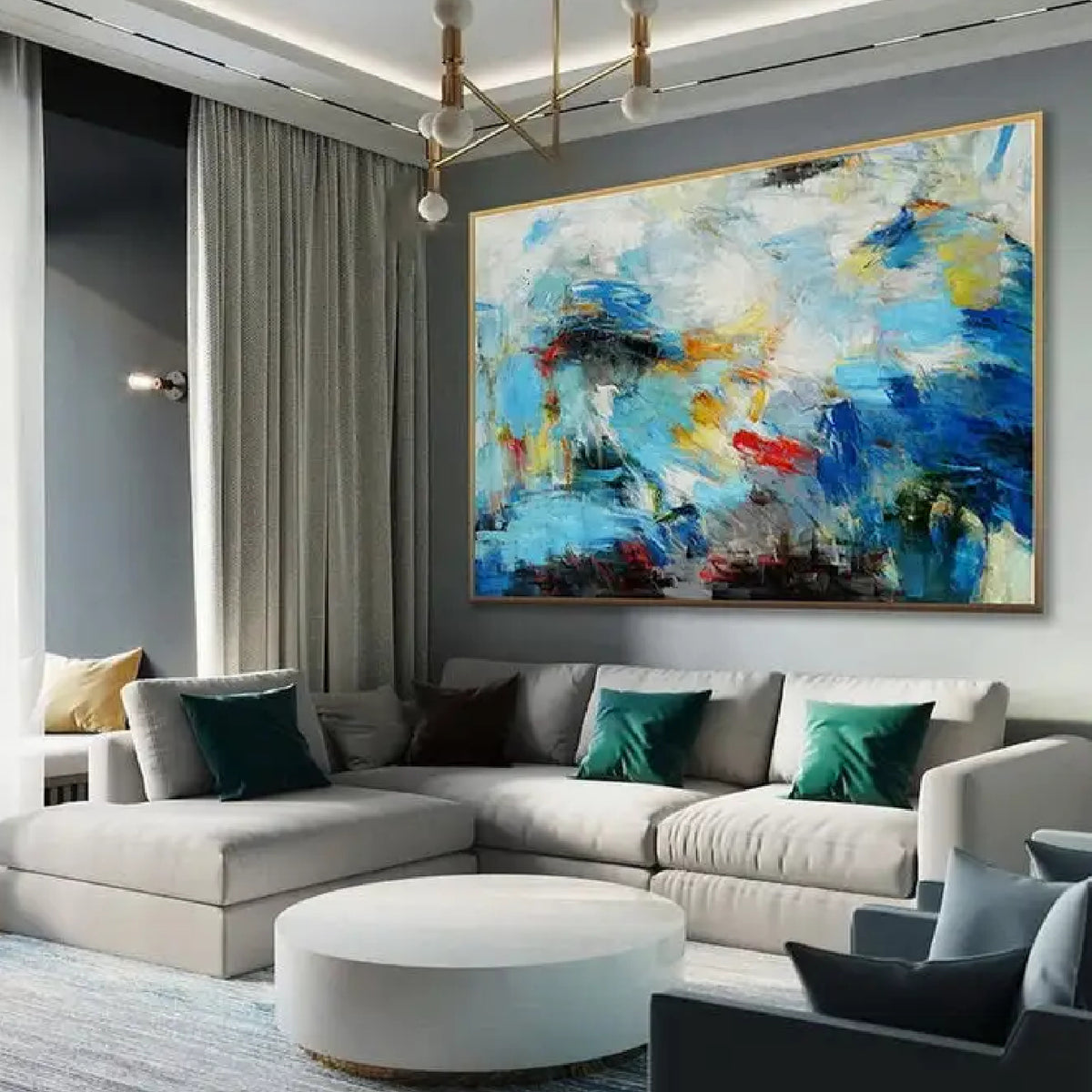 Room mockup. Layered blue and turquoise strokes with pale cream areas, yellow patches, dark marks and a small red accent.