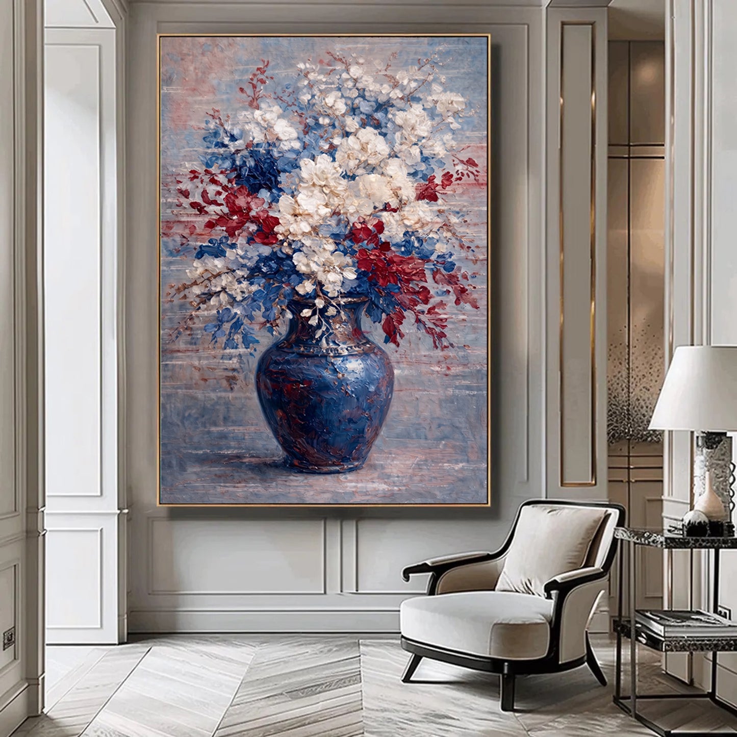Red White Blue Floral Painting Textured Luxury Wall Art