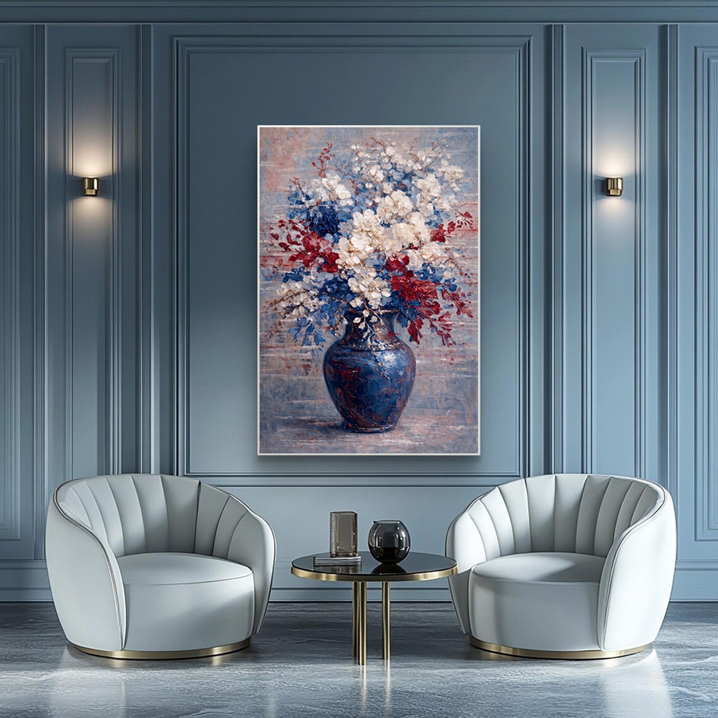 Red White Blue Floral Painting Textured Luxury Wall Art