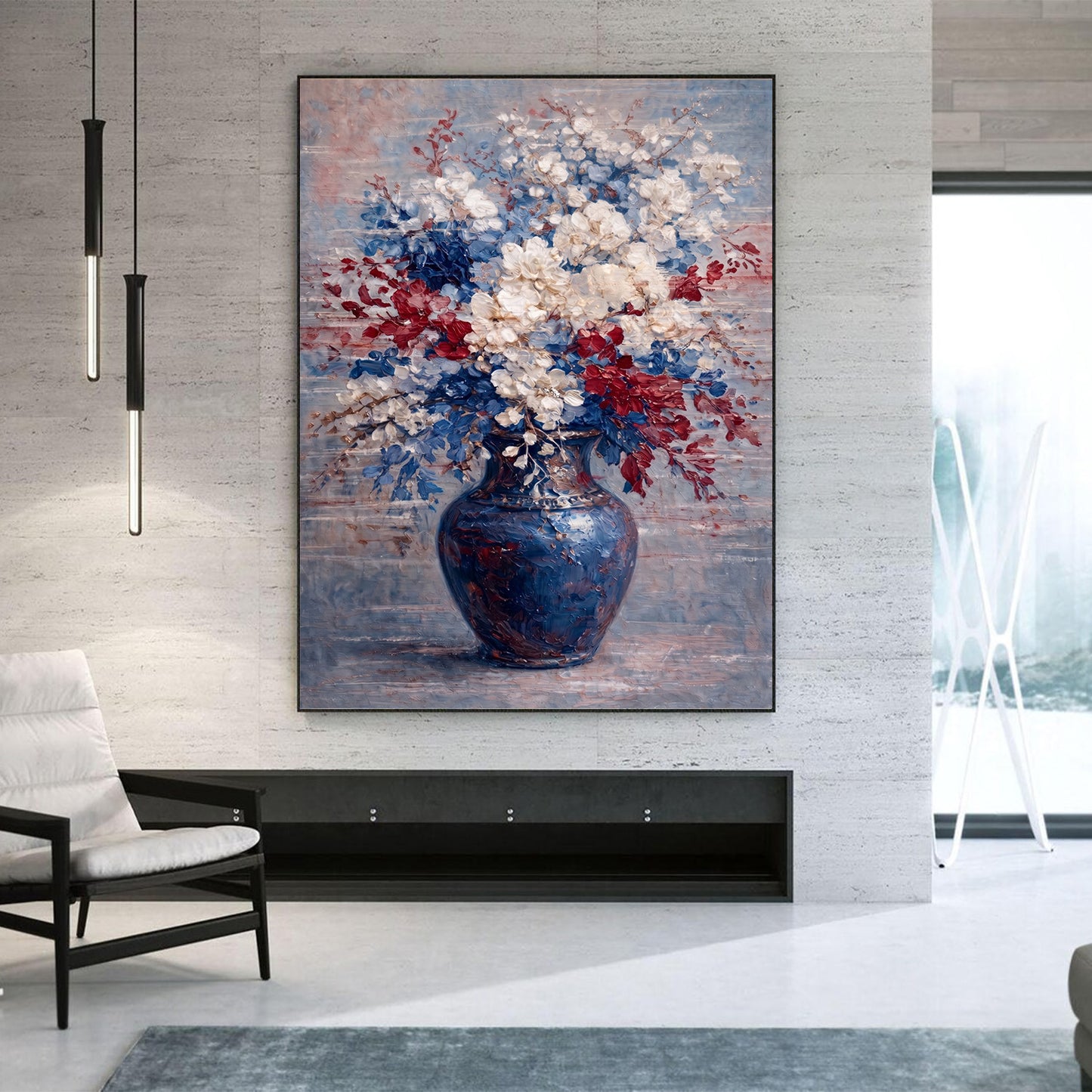 Red White Blue Floral Painting Textured Luxury Wall Art