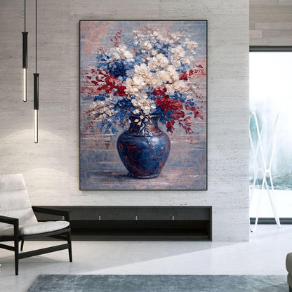 Red White Blue Floral Painting Textured Luxury Wall Art