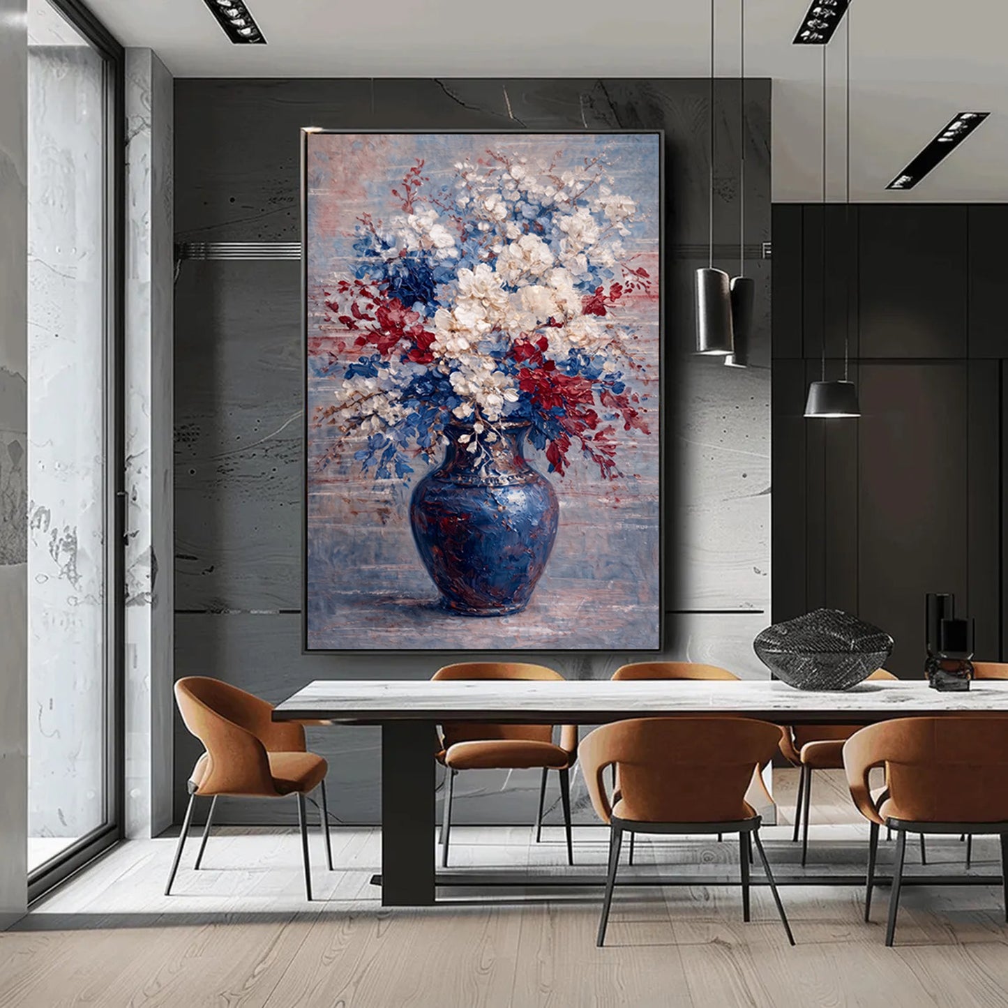 Red White Blue Floral Painting Textured Luxury Wall Art