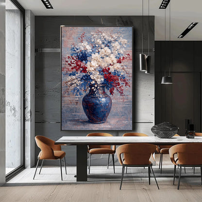 Red White Blue Floral Painting Textured Luxury Wall Art