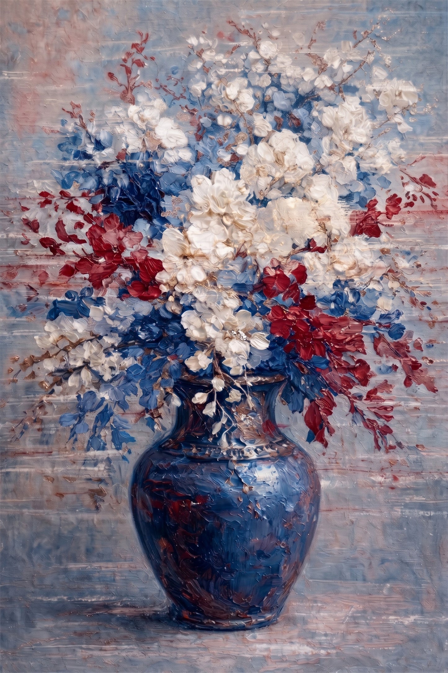 Red White Blue Floral Painting Textured Luxury Wall Art