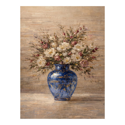 Blue Vase Floral Painting Textured Luxury Neutral Wall Art