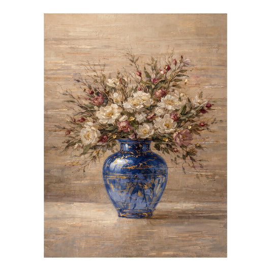Blue Vase Floral Painting Textured Luxury Neutral Wall Art
