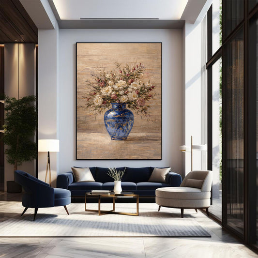 Blue Vase Floral Painting Textured Luxury Neutral Wall Art