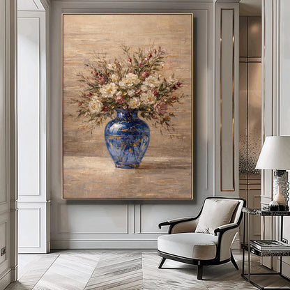 Blue Vase Floral Painting Textured Luxury Neutral Wall Art