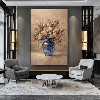 Blue Vase Floral Painting Textured Luxury Neutral Wall Art
