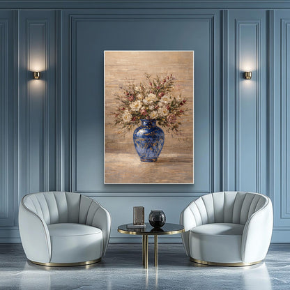 Blue Vase Floral Painting Textured Luxury Neutral Wall Art
