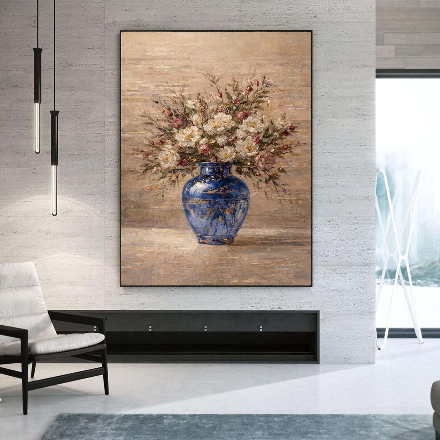 Blue Vase Floral Painting Textured Luxury Neutral Wall Art