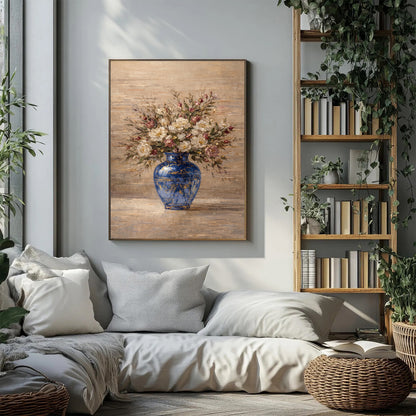 Blue Vase Floral Painting Textured Luxury Neutral Wall Art