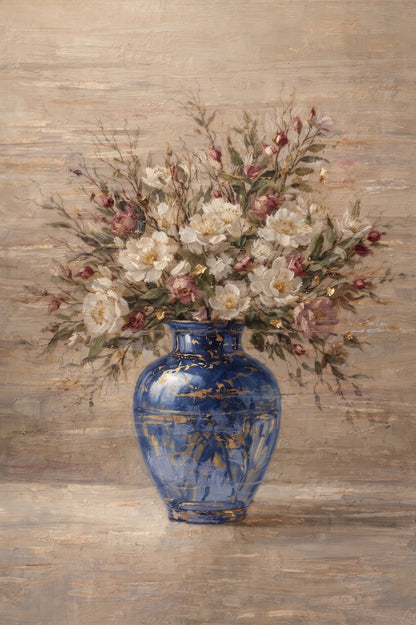 Blue Vase Floral Painting Textured Luxury Neutral Wall Art
