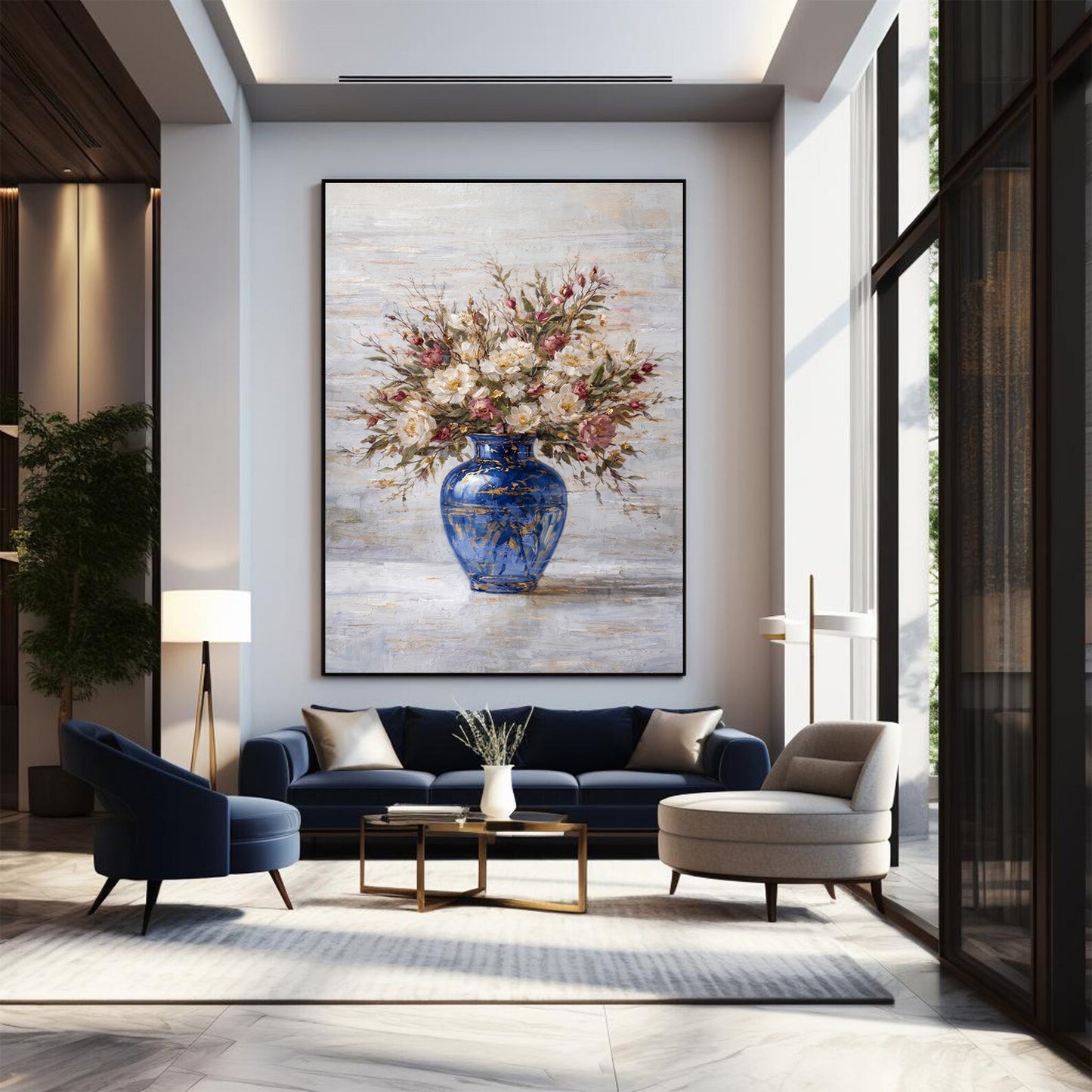 Blue Vase Peony Floral Painting Textured Luxury Wall ArtBlue Vase Peony Floral Painting Textured Luxury Wall Art