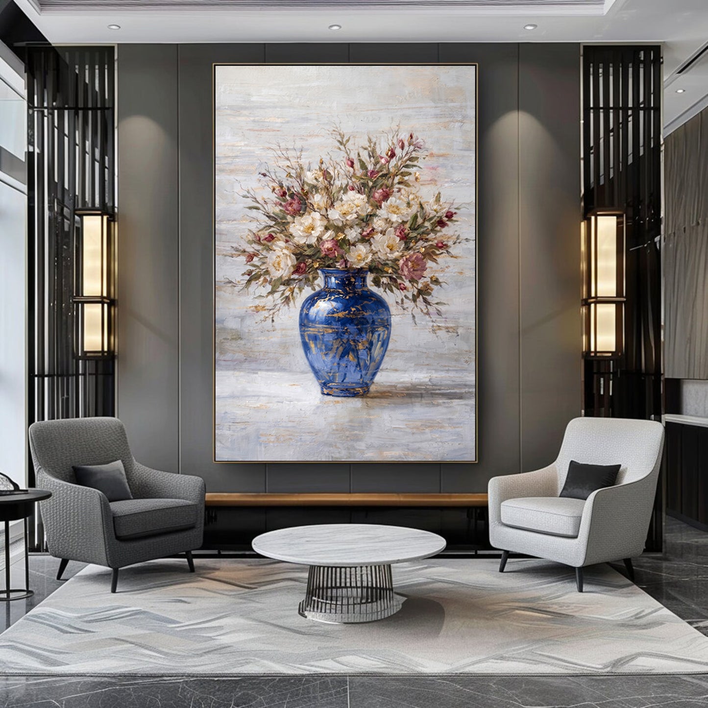 Blue Vase Peony Floral Painting Textured Luxury Wall ArtBlue Vase Peony Floral Painting Textured Luxury Wall Art