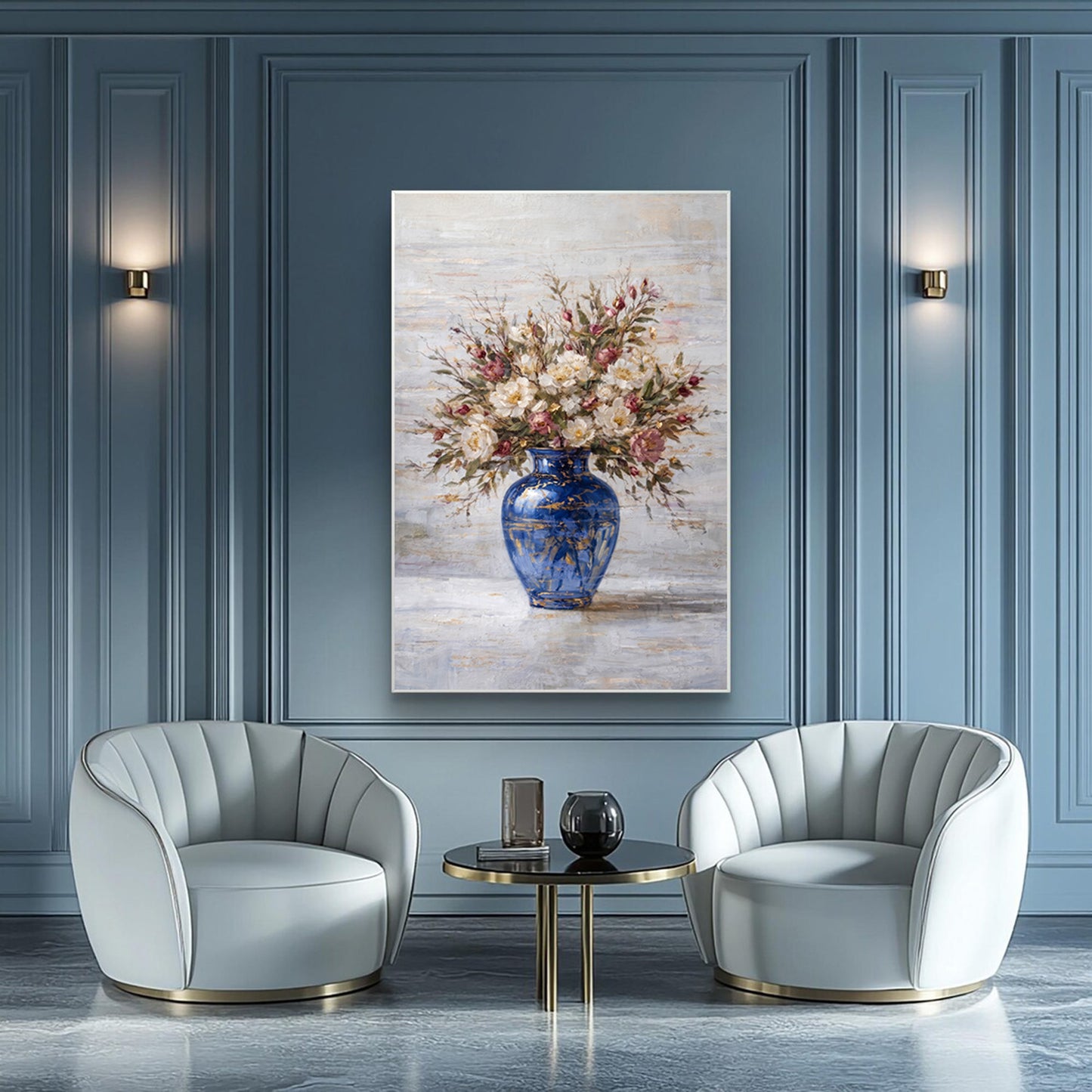 Blue Vase Peony Floral Painting Textured Luxury Wall ArtBlue Vase Peony Floral Painting Textured Luxury Wall Art