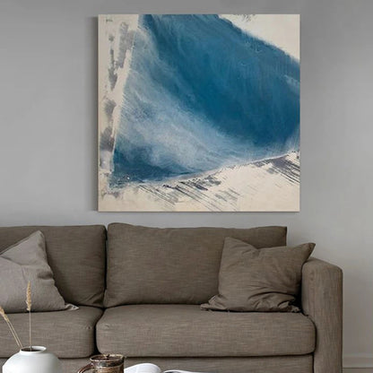 Room mockup showing broad layered blue brushstroke with pale feathered edges against an off-white square background.