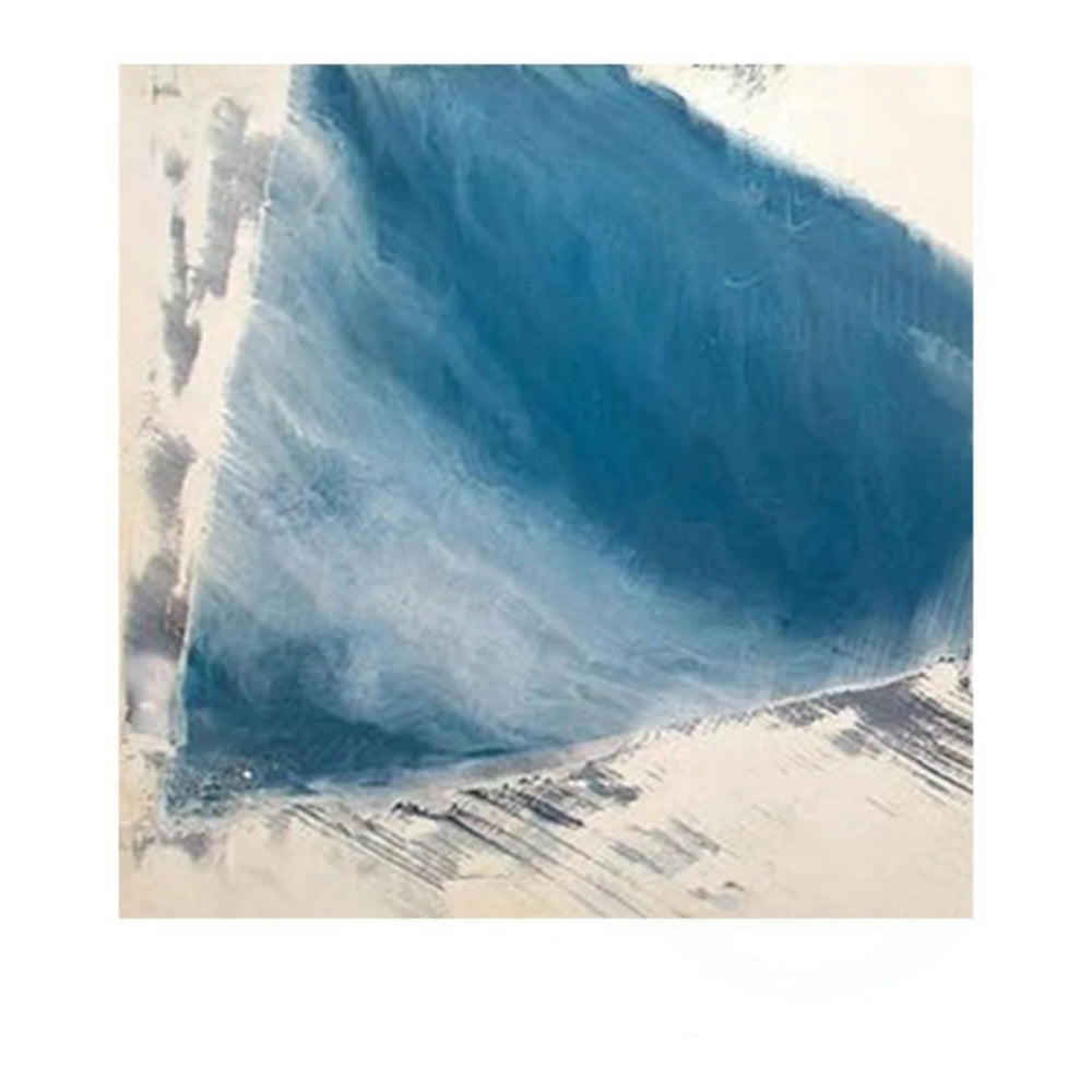 Broad layered blue brushstroke with pale feathered edges against an off-white square background.