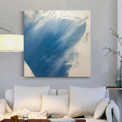 Room mockup showing sweeping diagonal blue brushstrokes with pale feathered edges on an off-white square background.