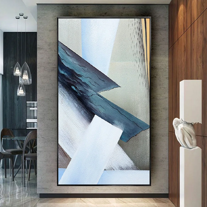 Room mockup showing large angular blue and white bands crossing diagonally over a pale grey background.