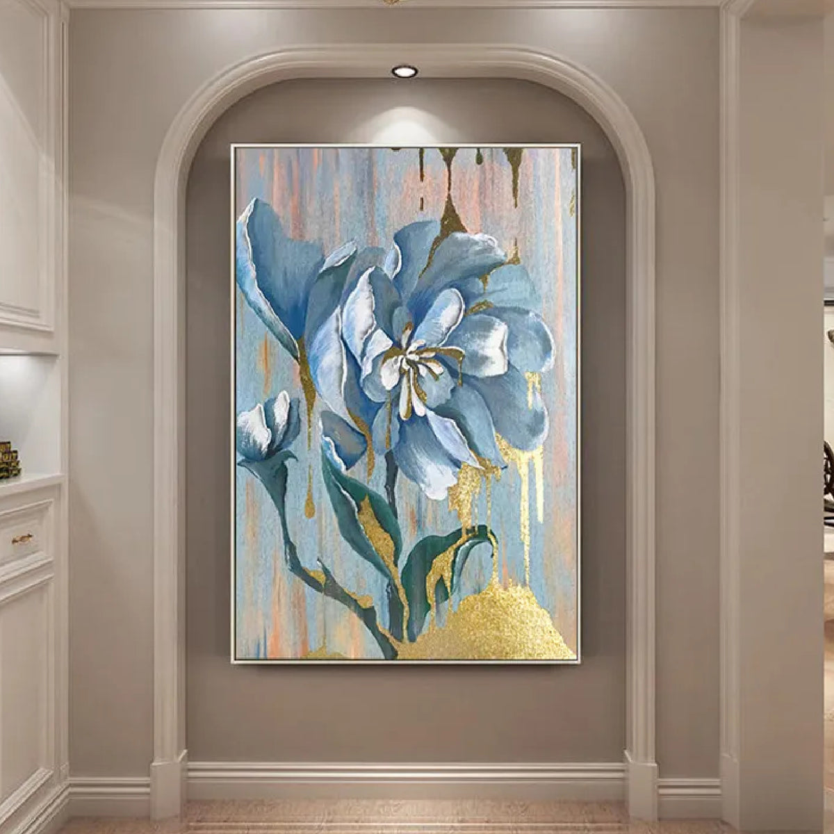 Room mockup. A large blue and white flower on green stems against pale vertical drips with gold-coloured patches near the base.