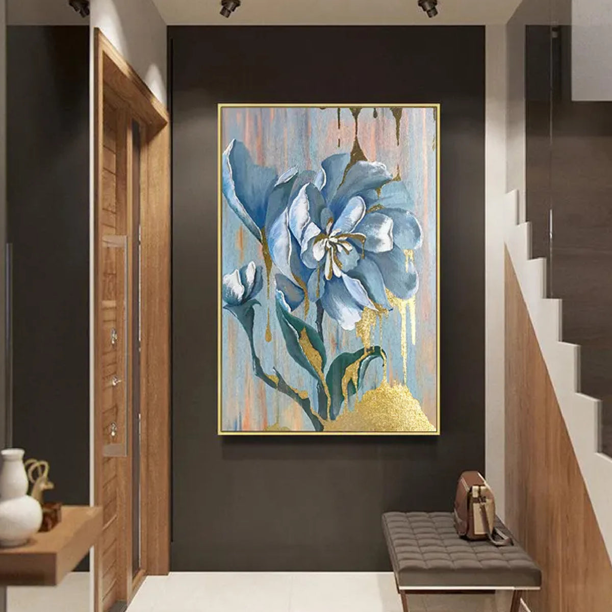 Room mockup. A large blue and white flower on green stems against pale vertical drips with gold-coloured patches near the base.