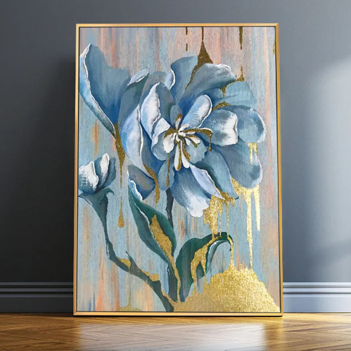 Room mockup. A large blue and white flower on green stems against pale vertical drips with gold-coloured patches near the base.