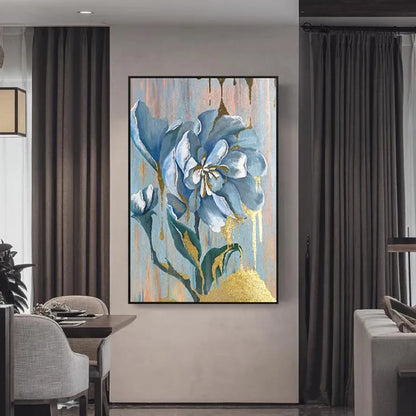 Room mockup. A large blue and white flower on green stems against pale vertical drips with gold-coloured patches near the base.