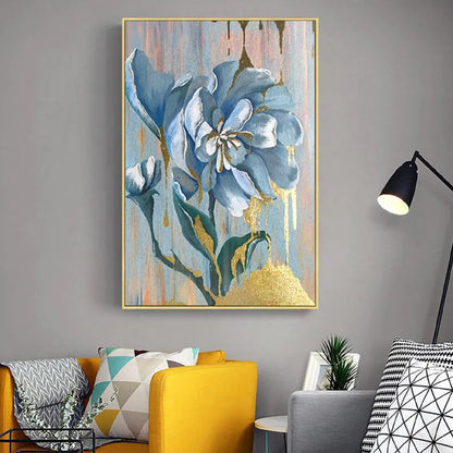 Room mockup. A large blue and white flower on green stems against pale vertical drips with gold-coloured patches near the base.