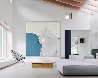 Minimalist Blue & White Abstract Painting – Textured Modern Impasto Wall Art