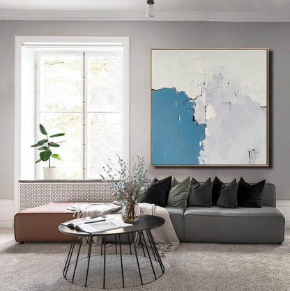 Minimalist Blue & White Abstract Painting – Textured Modern Impasto Wall Art