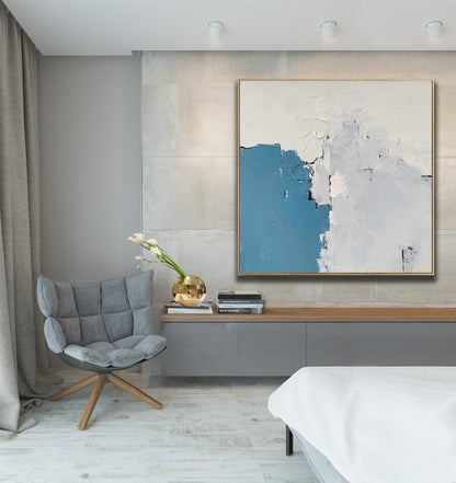 Minimalist Blue & White Abstract Painting – Textured Modern Impasto Wall Art