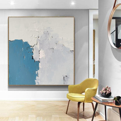 Minimalist Blue & White Abstract Painting – Textured Modern Impasto Wall Art