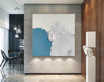Minimalist Blue & White Abstract Painting – Textured Modern Impasto Wall Art