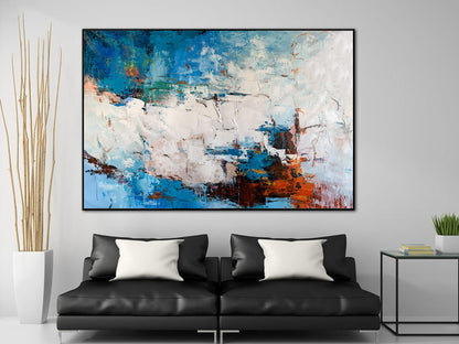 Textured Abstract Seascape Painting – Blue, White & Burnt Orange Modern Wall Art