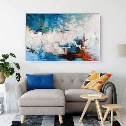 Textured Abstract Seascape Painting – Blue, White & Burnt Orange Modern Wall Art