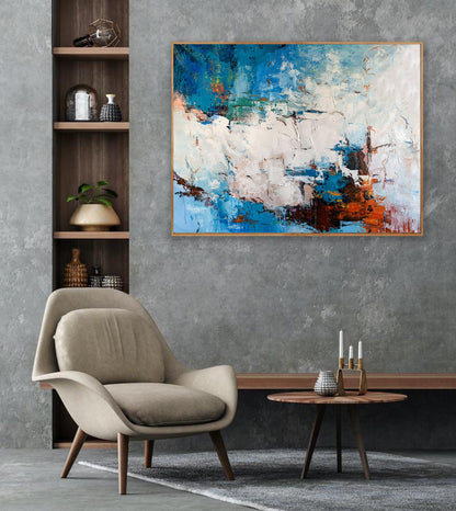 Textured Abstract Seascape Painting – Blue, White & Burnt Orange Modern Wall Art