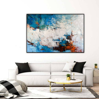 Textured Abstract Seascape Painting – Blue, White & Burnt Orange Modern Wall Art