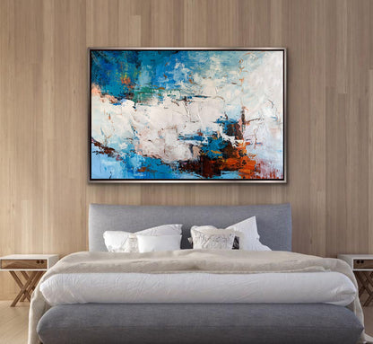 Textured Abstract Seascape Painting – Blue, White & Burnt Orange Modern Wall Art