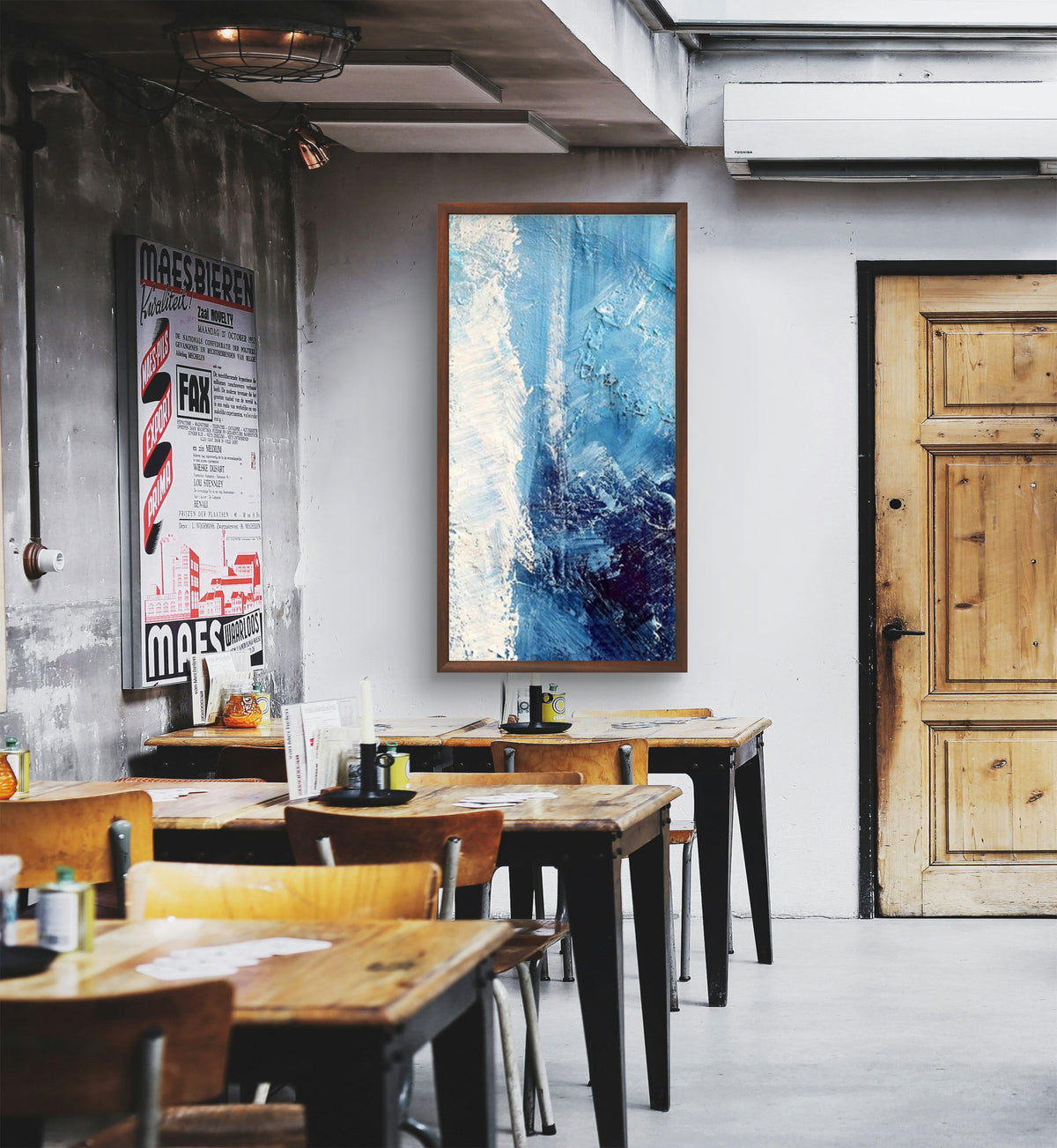 Room mockup showing blue and white textured abstract painting with a dense navy patch and flowing pale marks.