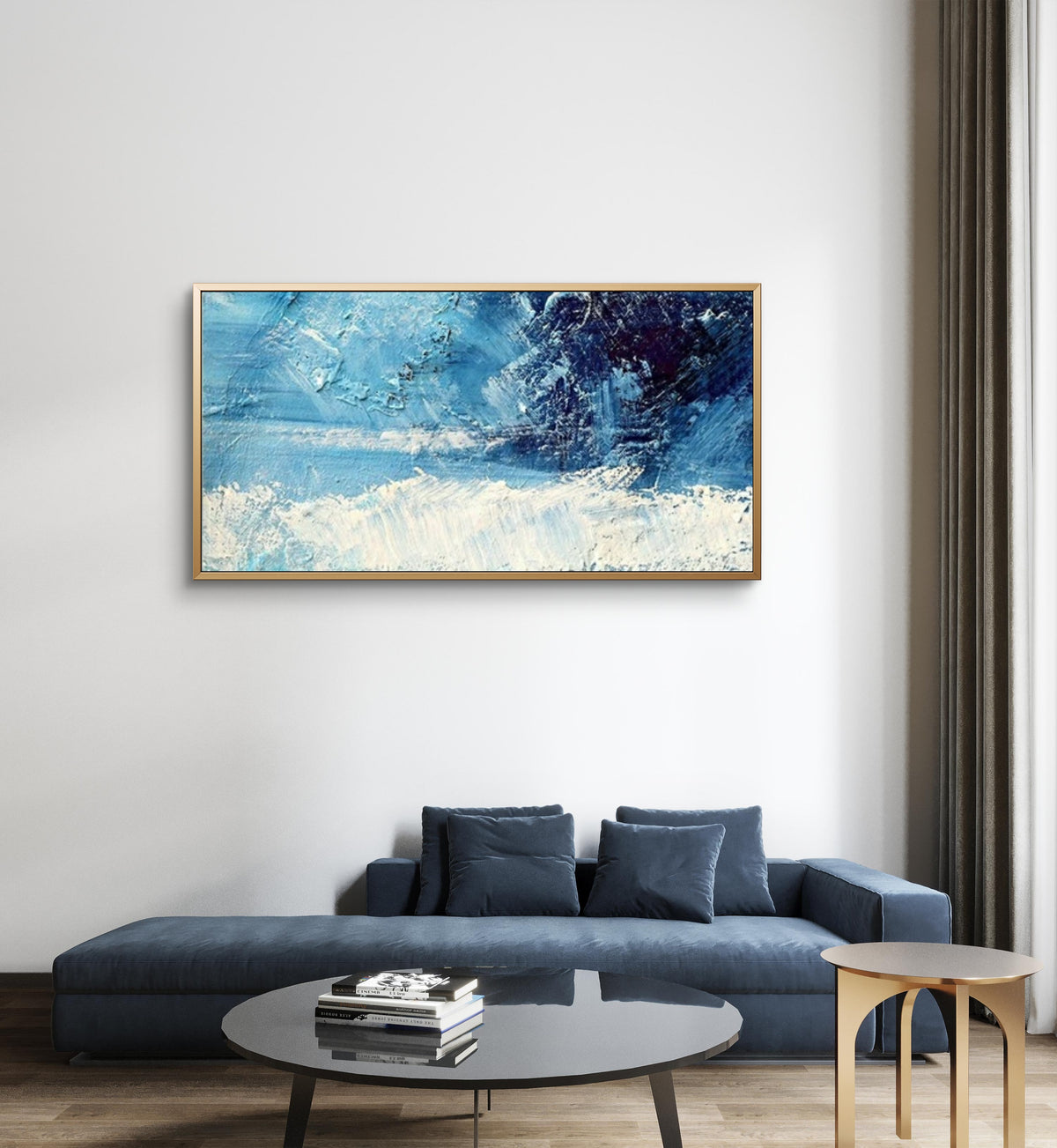Room mockup showing blue and white textured abstract painting with a dense navy patch and flowing pale marks.
