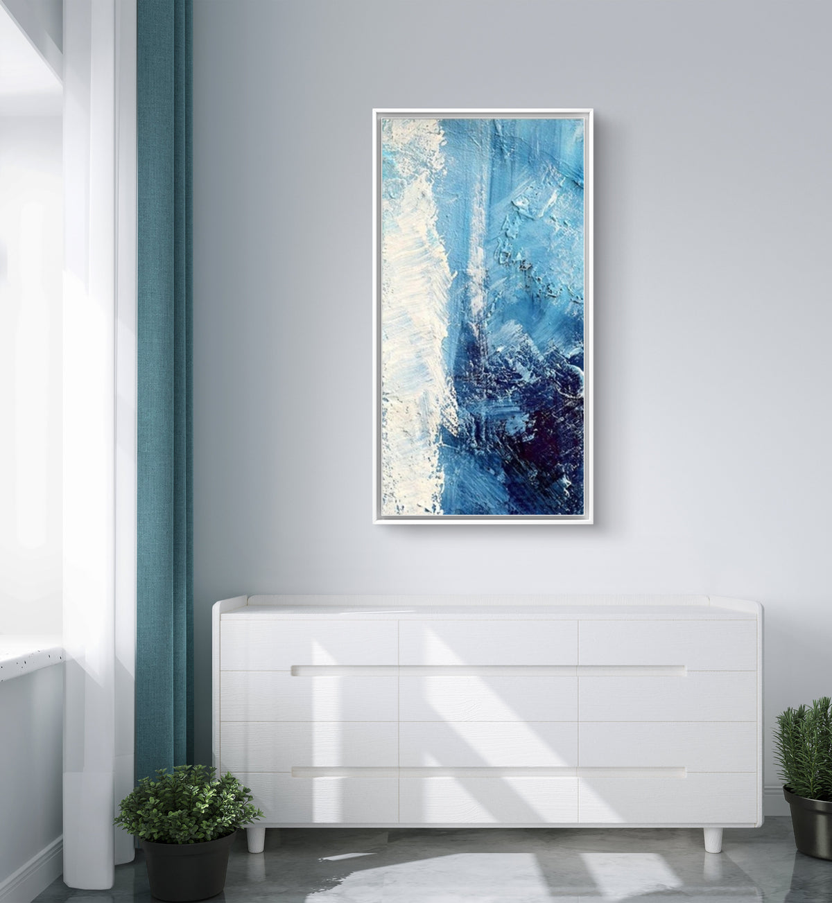 Room mockup showing blue and white textured abstract painting with a dense navy patch and flowing pale marks.